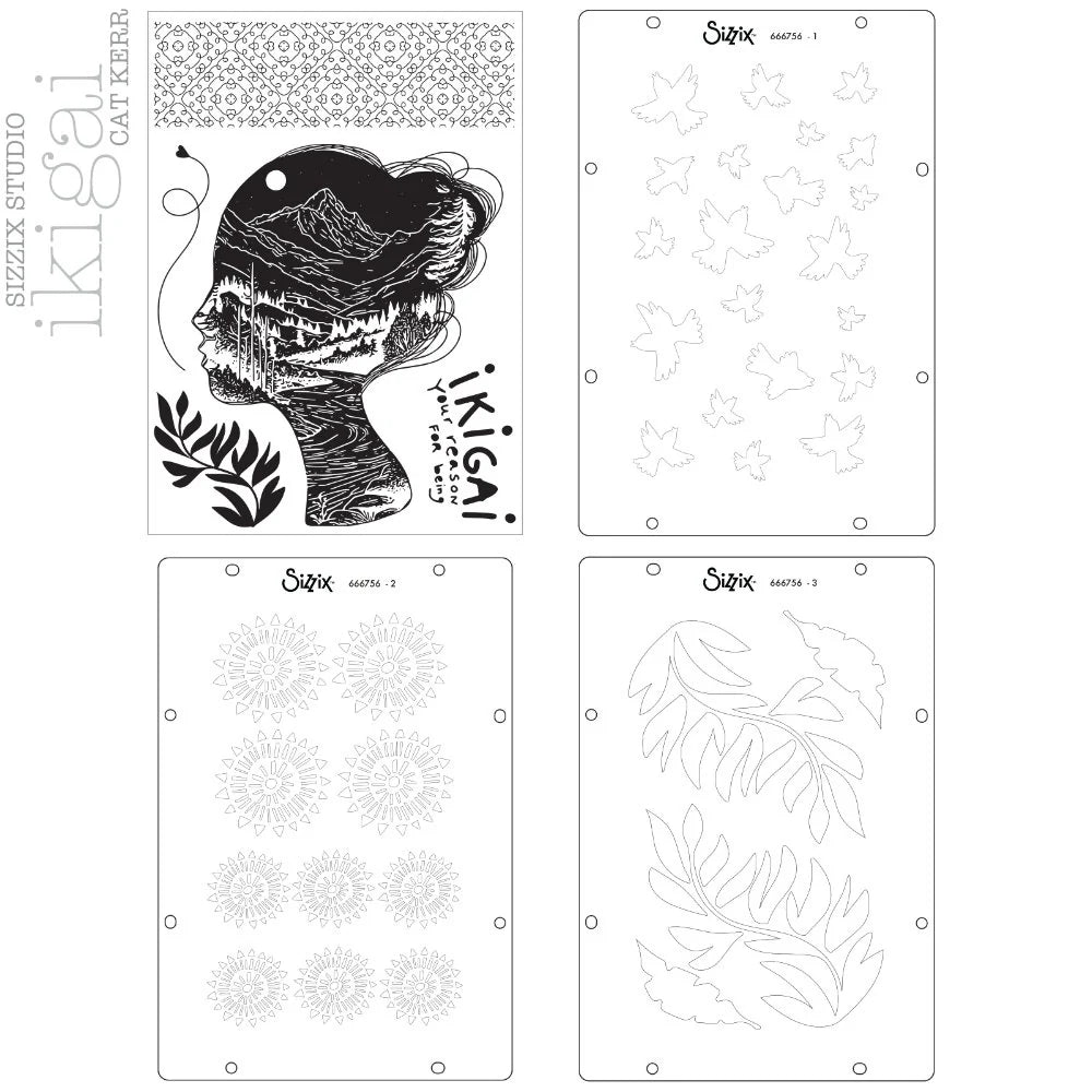 Sizzix Studio Stamps Set 5PK / 3PK Stencils - Ikigai By Cat Kerr