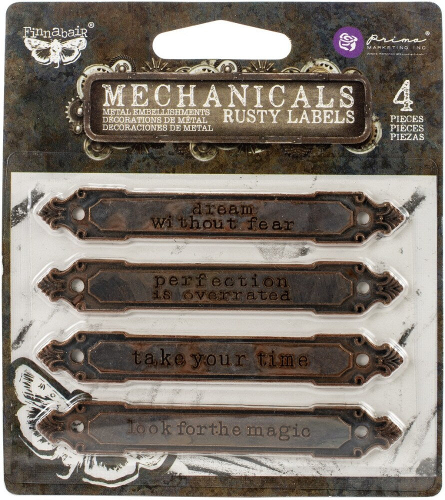 Finnabair Mechanicals Metal Embellishments-Rusty Labels 4/Pkg