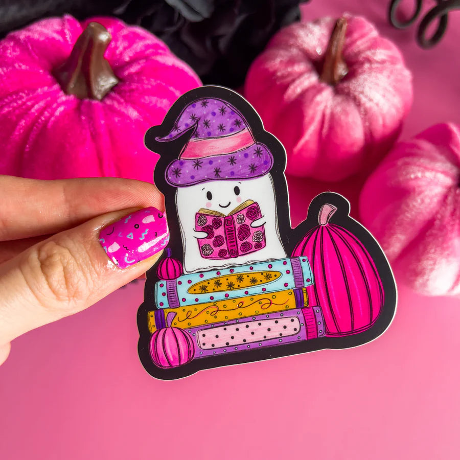 Halloween Ghost on a Book Stack Vinyl Sticker