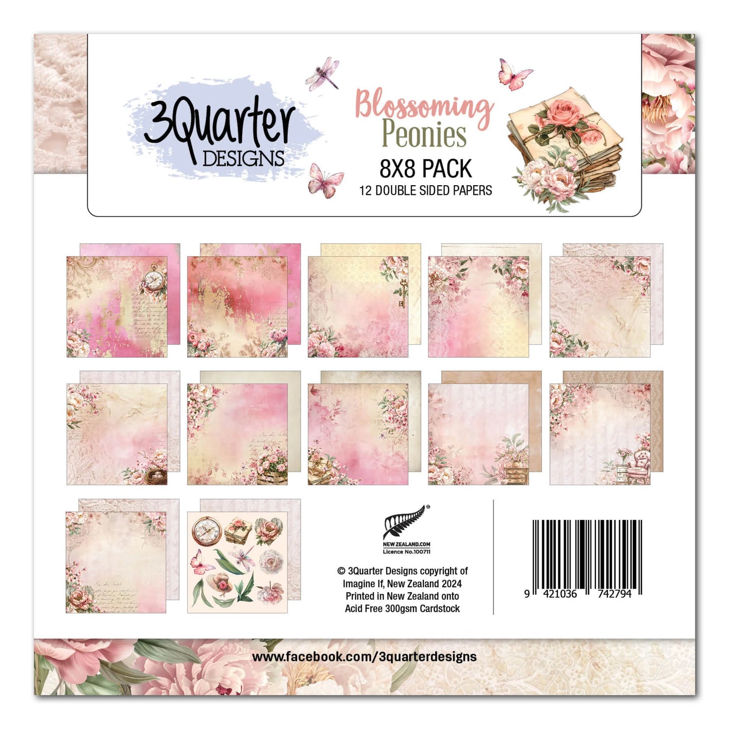 3 Quarter Designs | Blossoming Peonies | 8x8 paper pack