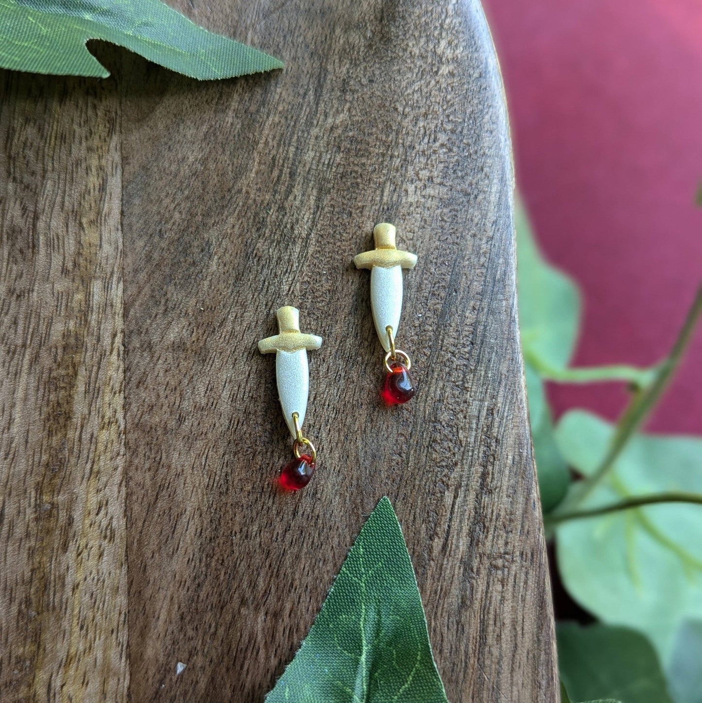 Gold Dagger Studs with Blood Drop - Polymer Clay and Brass