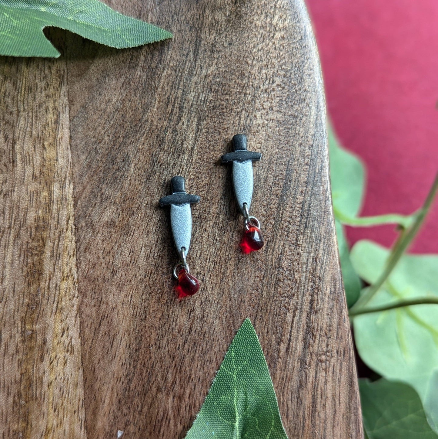 Silver Dagger Studs with Blood Drop - Polymer Clay and Glass