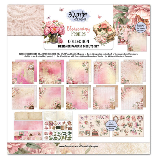 3 Quarter Designs | Blossoming Peonies | 12x12 Designer Paper and Diecuts Set