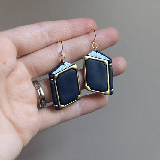 Dark Blue and Gold Book Dangles, Handmade Polymer Clay