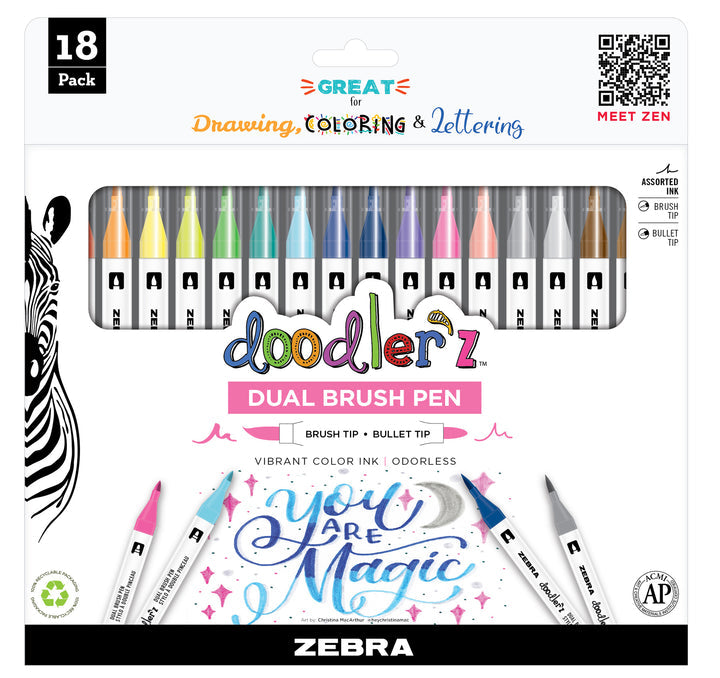 Zebra Doodlerz Dual Brush Pens 18/Pkg