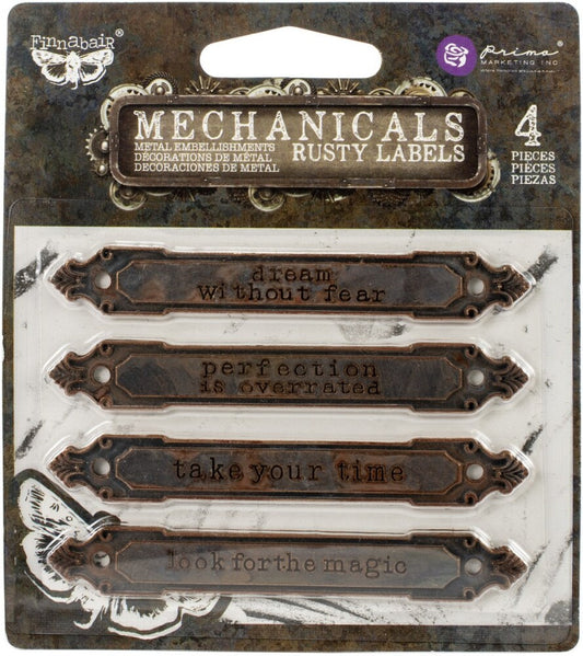 Finnabair Mechanicals Metal Embellishments-Rusty Labels 4/Pkg