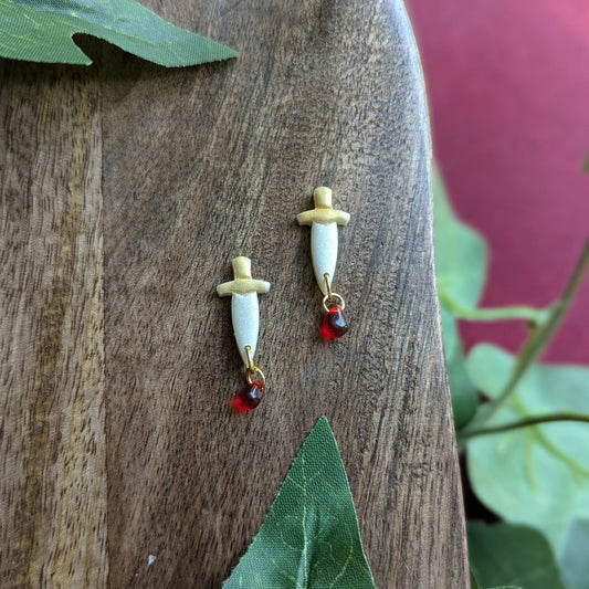 Gold Dagger Studs with Blood Drop - Polymer Clay and Brass