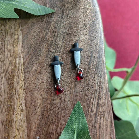 Silver Dagger Studs with Blood Drop - Polymer Clay and Glass